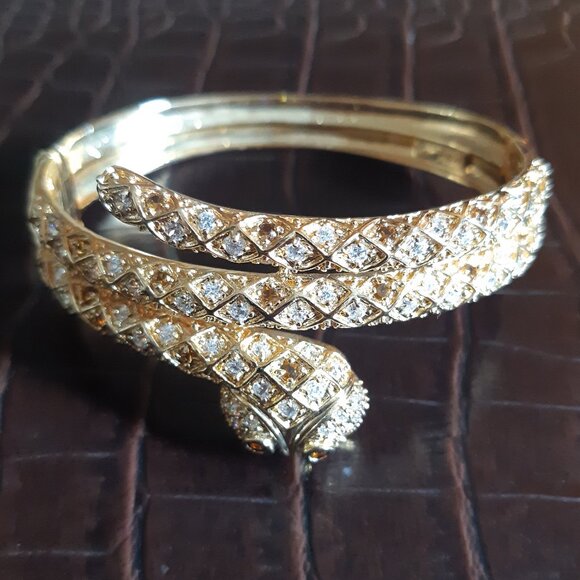 1990s Cuff Bracelet Vintage Snake Rhinestone Marked 925 - Picture 4 of 15